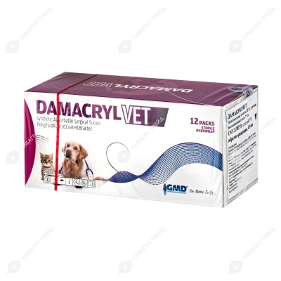 DAMACRYL (ПГА) плетеная рассасывающаяся нить (1 * 75 см, 2) с иглой 40 мм, 3/8, обратно-режущая, 12 шт