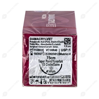 DAMACRYL (ПГА) плетеная рассасывающаяся нить (1 * 75 см, 1) с иглой 40 мм, 1/2, колющая, 12 шт